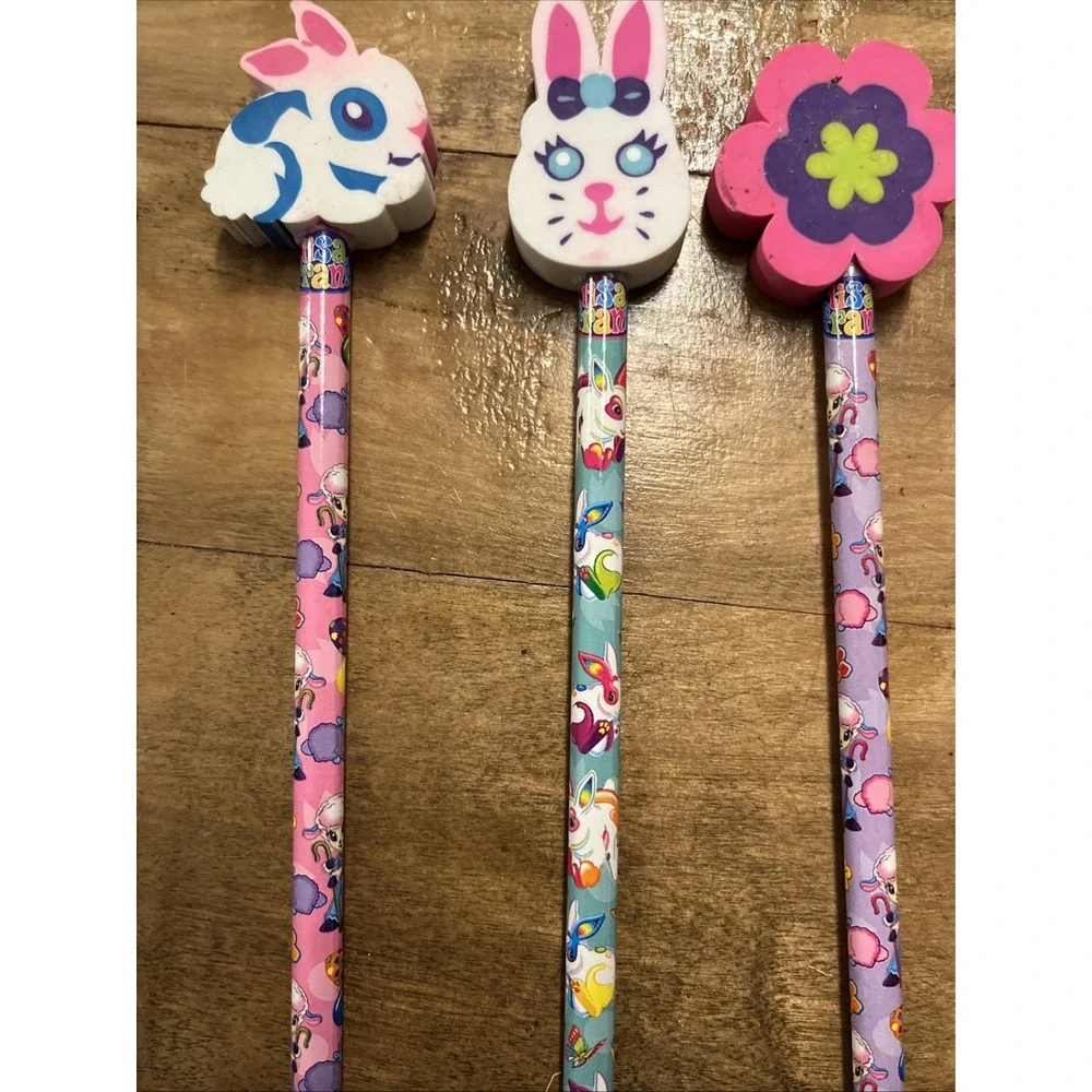Vintage Lisa Frank Lot 6 NOS Pencils With Toppers Chick Egg Bear Egg Flower 90s